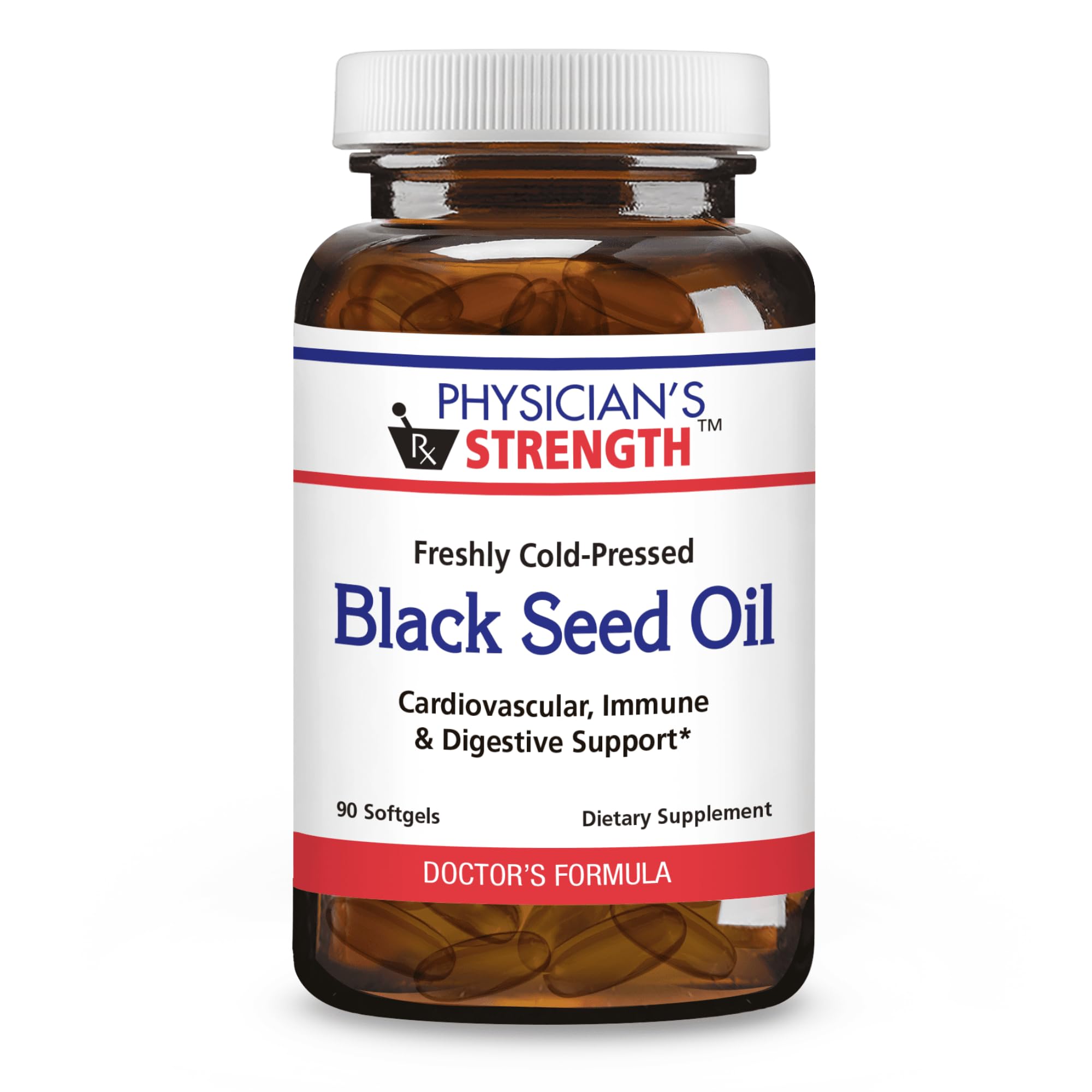 Physician's Strength Black Seed Oil gelcaps bottle closeup with golden softgels for daily wellness