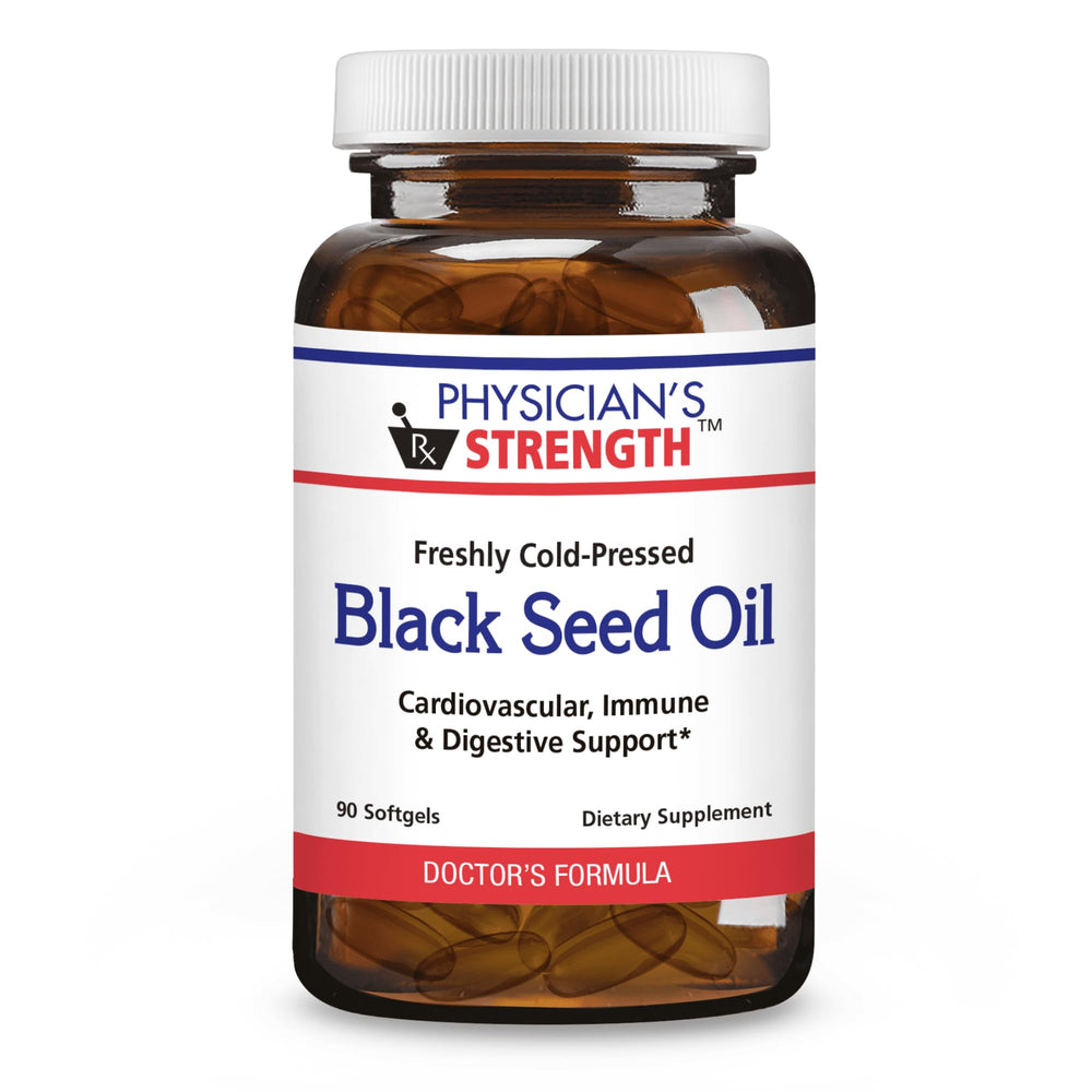 Physician's Strength Black Seed Oil gelcaps bottle closeup with golden softgels for daily wellness