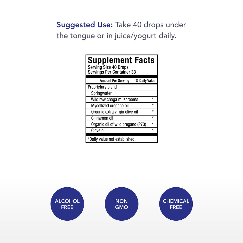 Physician's Strength Chag-Immune ingredients highlight olive oil base for daily dosing.