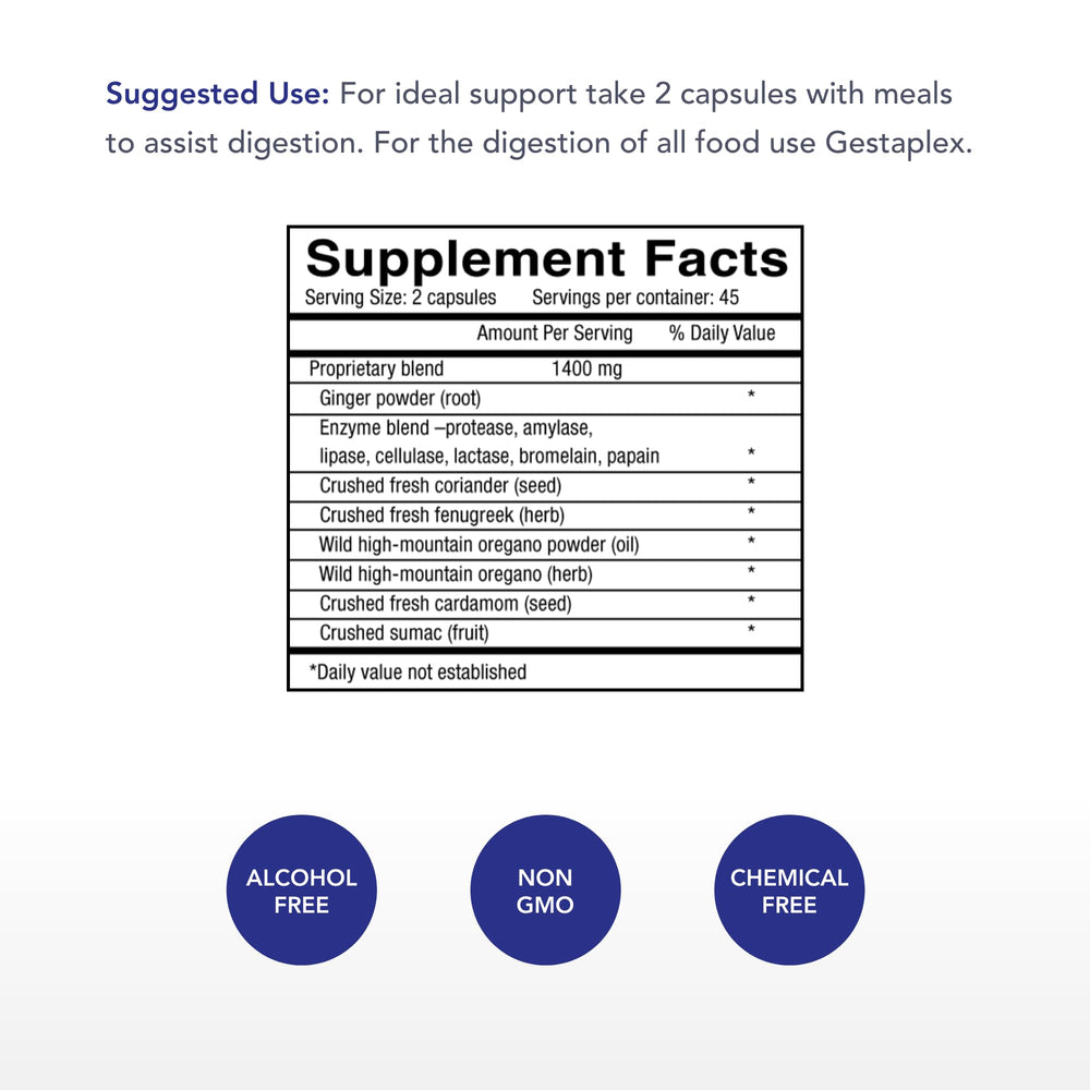 Physician's Strength Gestaplex capsules close-up highlighting natural enzyme blend.