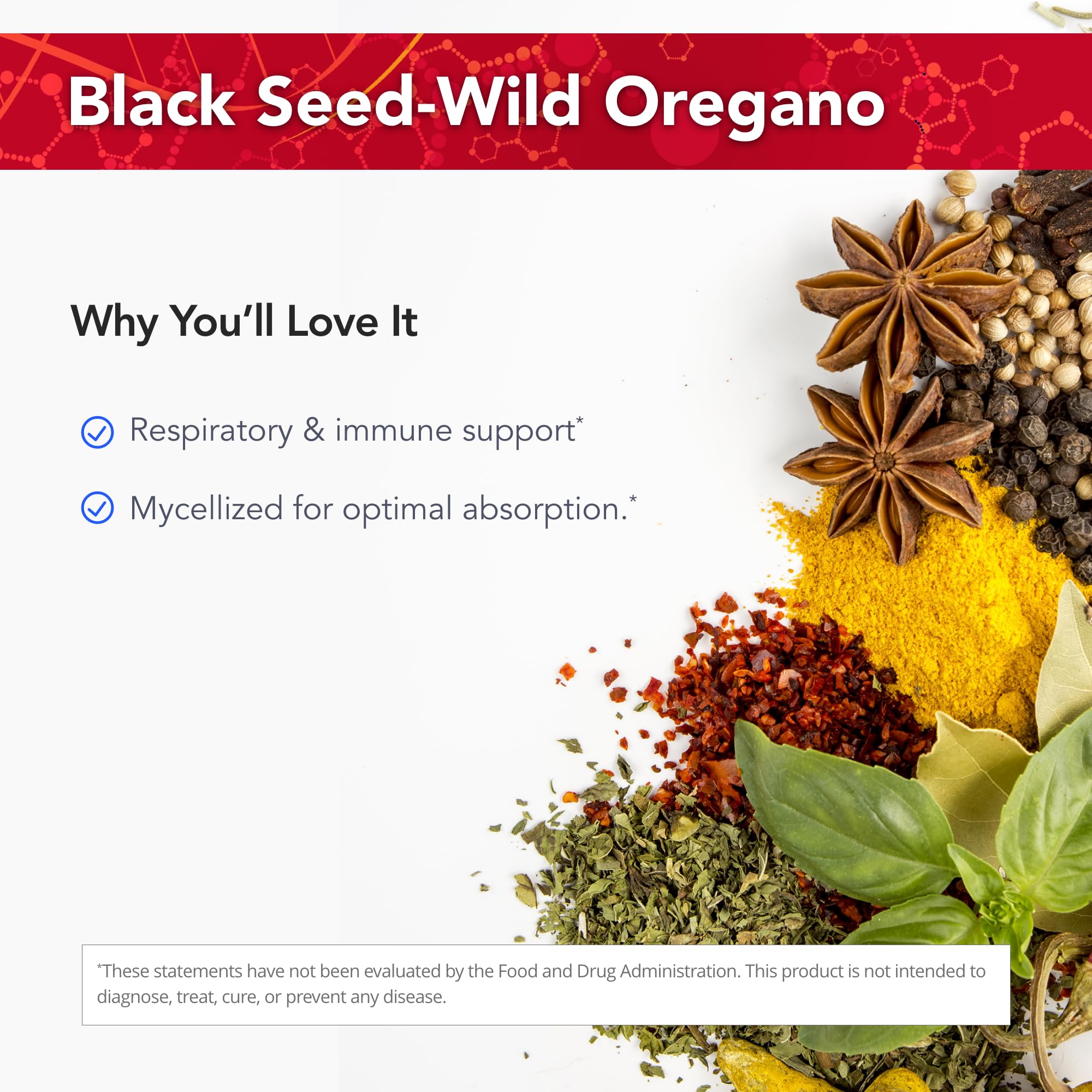 Immuno-Resp ingredients highlight black seed and oregano oil for immune support.