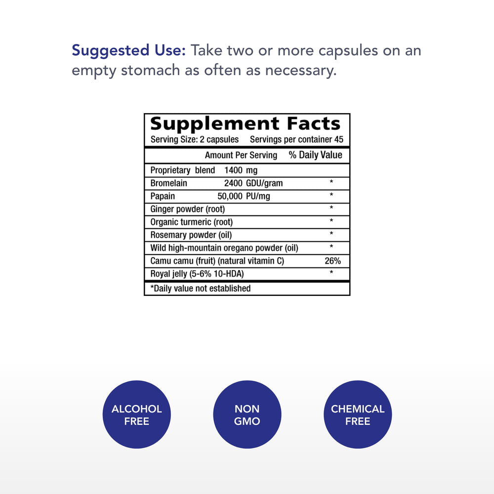 Infla-ex capsules close-up highlighting wild oregano P73 and enzymes