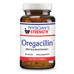 Physician's Strength Oregacillin bottle front displaying a premium multi-spice blend for respiratory wellness.
