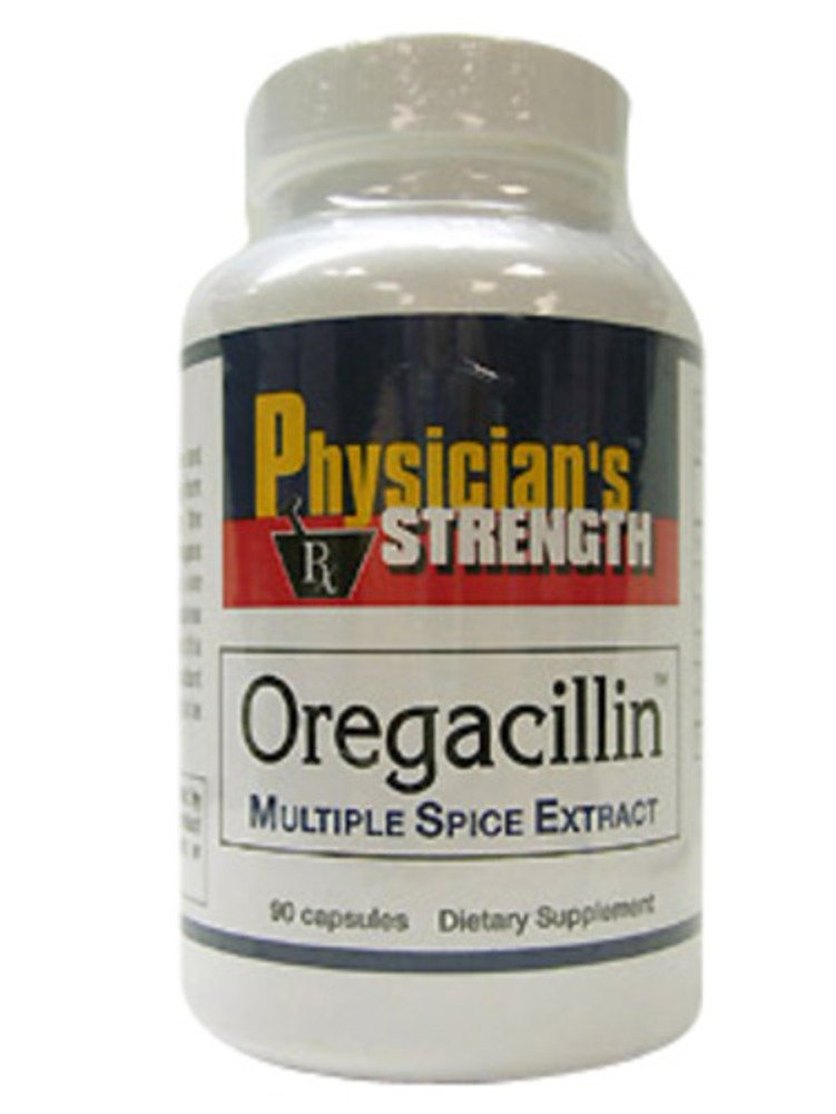 Physician's Strength Oregacillin bottle with capsules for respiratory support and antioxidant benefits.