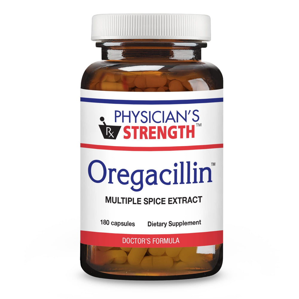 Physician's Strength Oregacillin bottle shows natural spice blend for daily respiratory support.