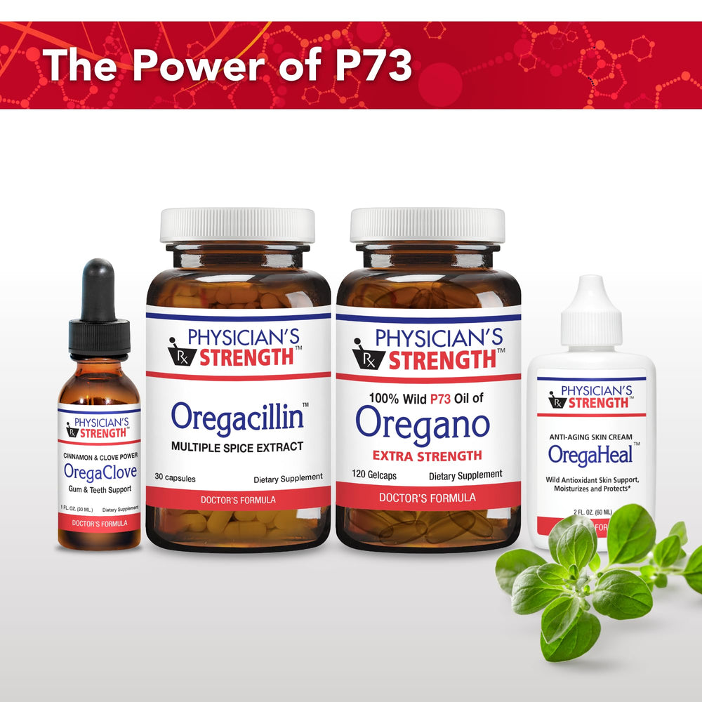 Physician's Strength Oregacillin P73 oregano image highlighting wild-harvested oregano oil quality.