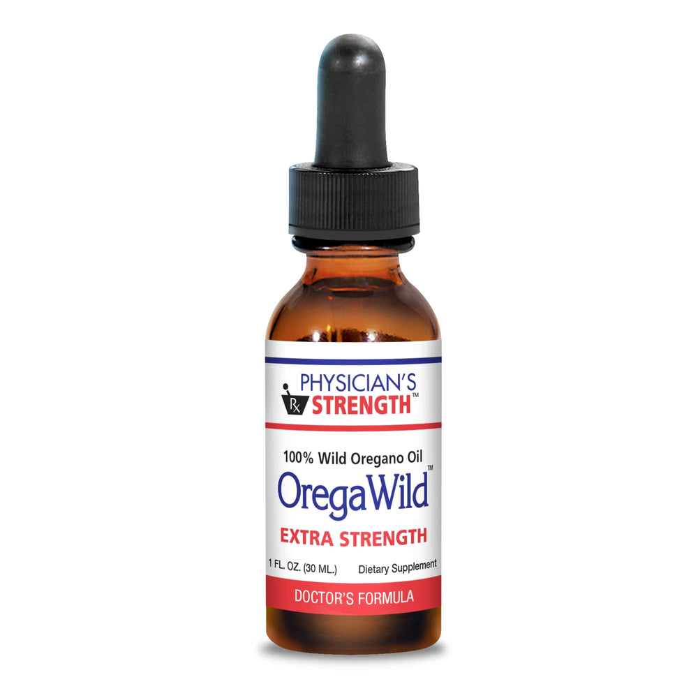 Physician's Strength OregaWild Extra Strength bottle close-up showing premium oregano oil