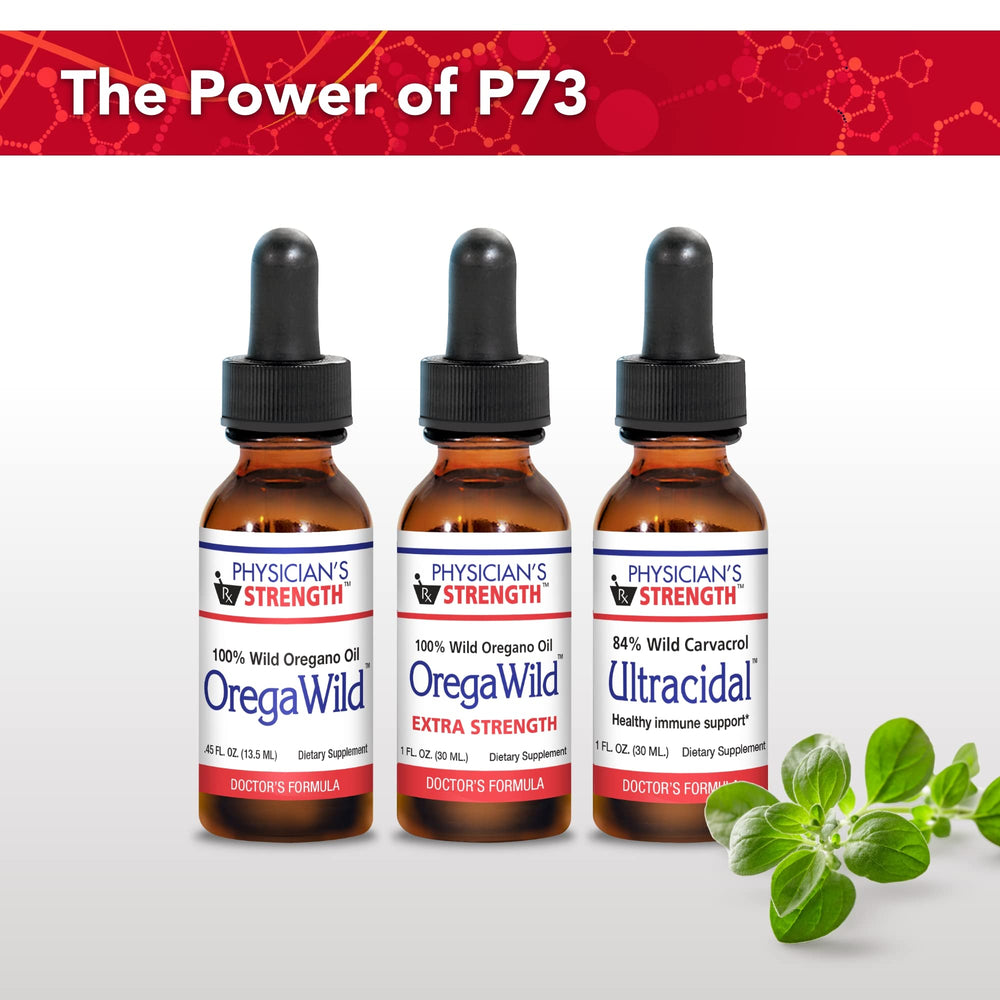 Physician's Strength OregaWild ingredients panel with P73 oregano and olive oil base