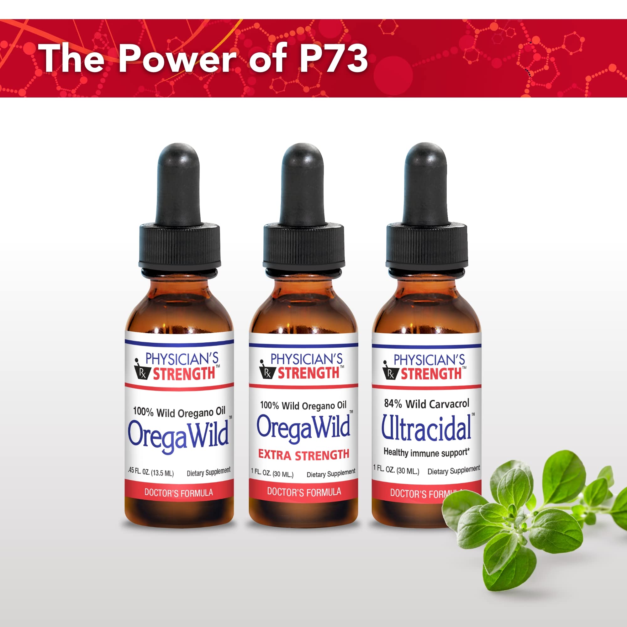 Physician's Strength OregaWild label highlights steam-distilled process and purity.