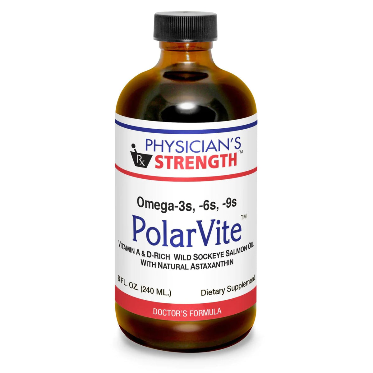 Physician's Strength PolarVite 8oz bottle on counter highlighting omega-3 richness