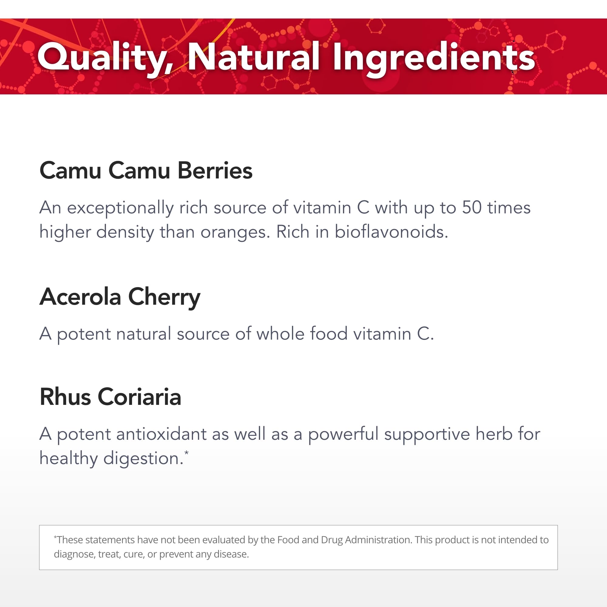 Physician's Strength Power-C raw ingredients camu camu and rose hip for natural vitamin C.