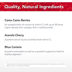 Physician's Strength Power-C raw ingredients camu camu and rose hip for natural vitamin C.