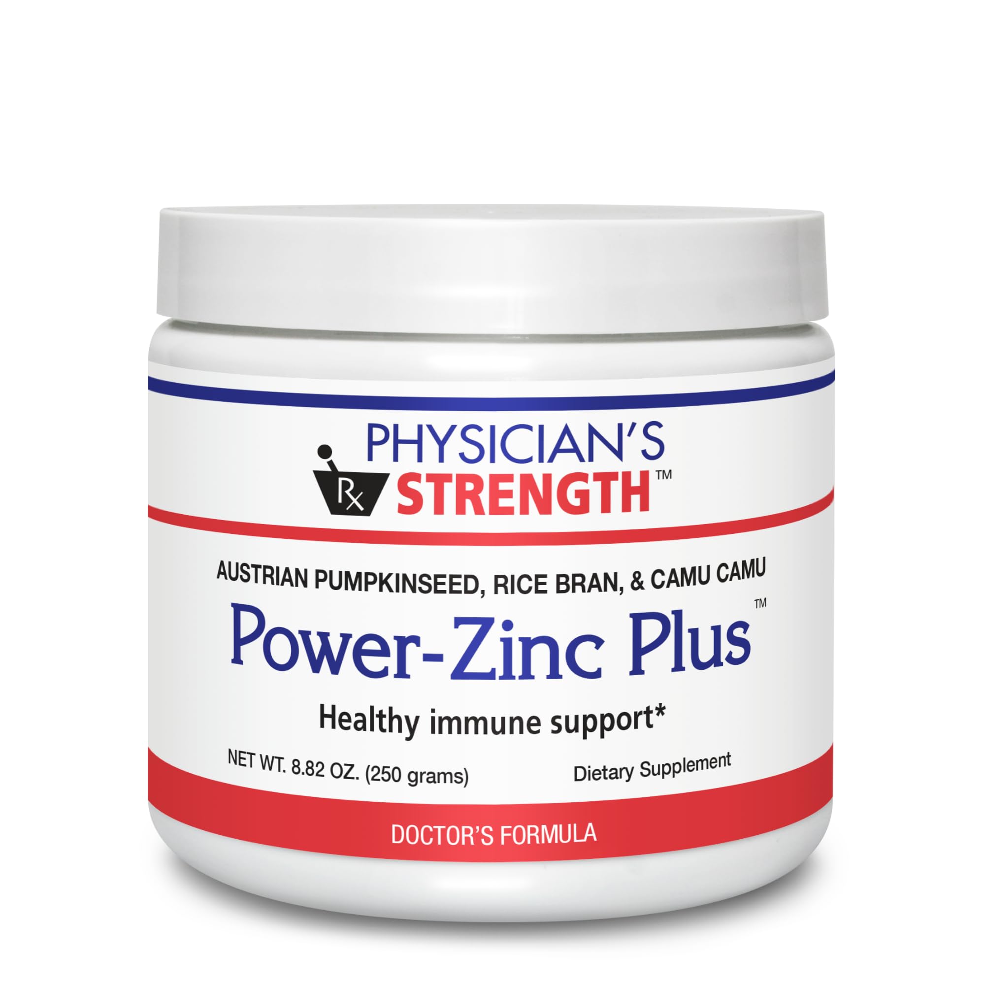 Physician's Strength Power-Zinc Plus bottle front showing whole-food zinc for daily immune support.