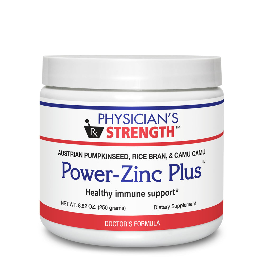 Physician's Strength Power-Zinc Plus bottle front showing whole-food zinc for daily immune support.