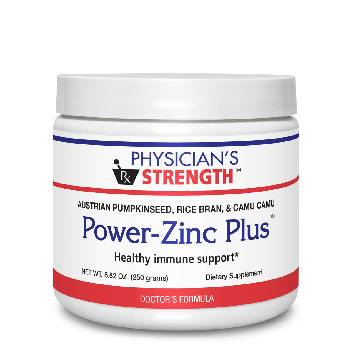 Physician's Strength Power-Zinc Plus bottle front showing whole-food zinc for daily immune support.