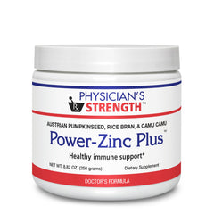 Physician's Strength Power-Zinc Plus bottle front showing whole-food zinc for daily immune support.