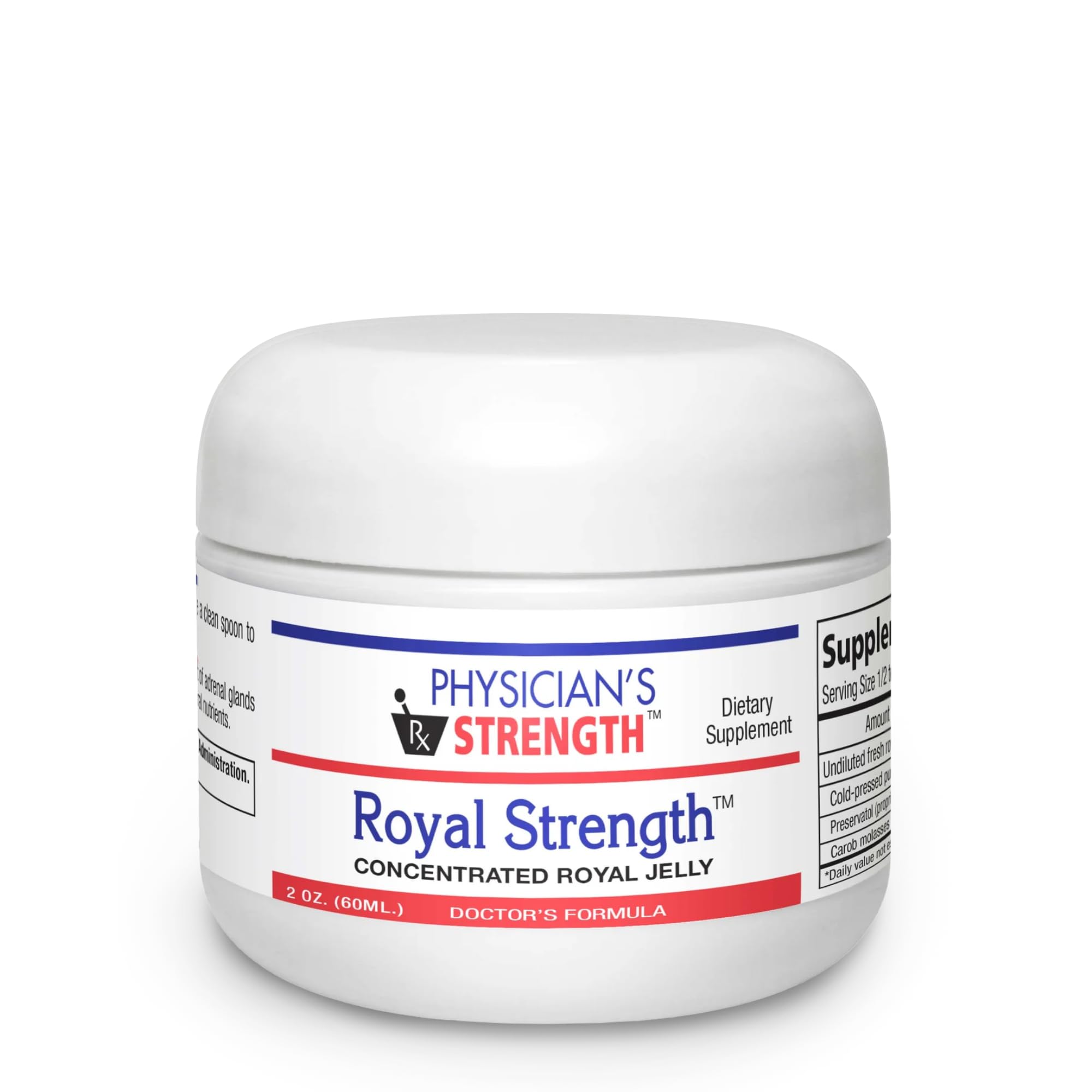 Physician's Strength Royal Strength bottle label highlights premium royal jelly ingredients for energy support.