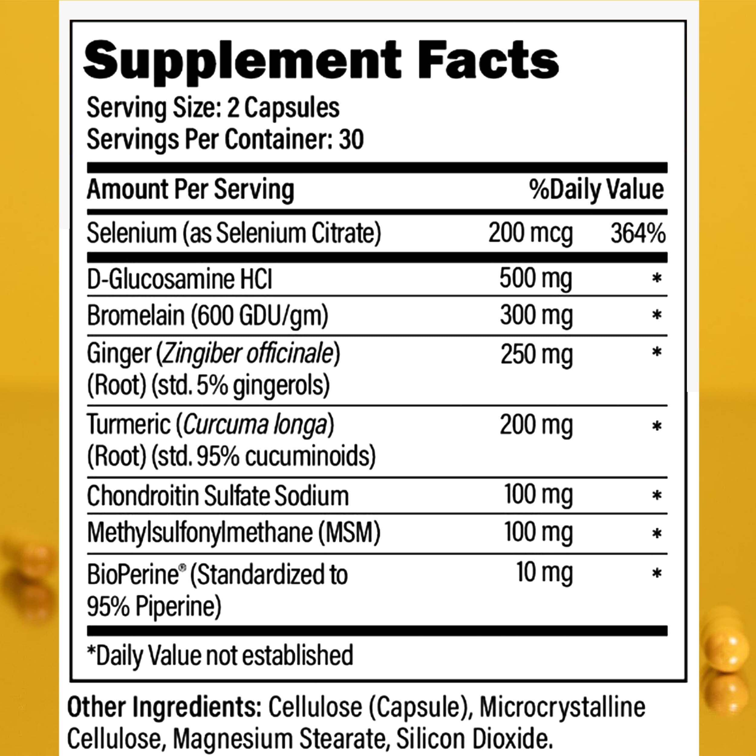 Physio Flex Pro bottle side label highlighting glucosamine and bromelain benefits.