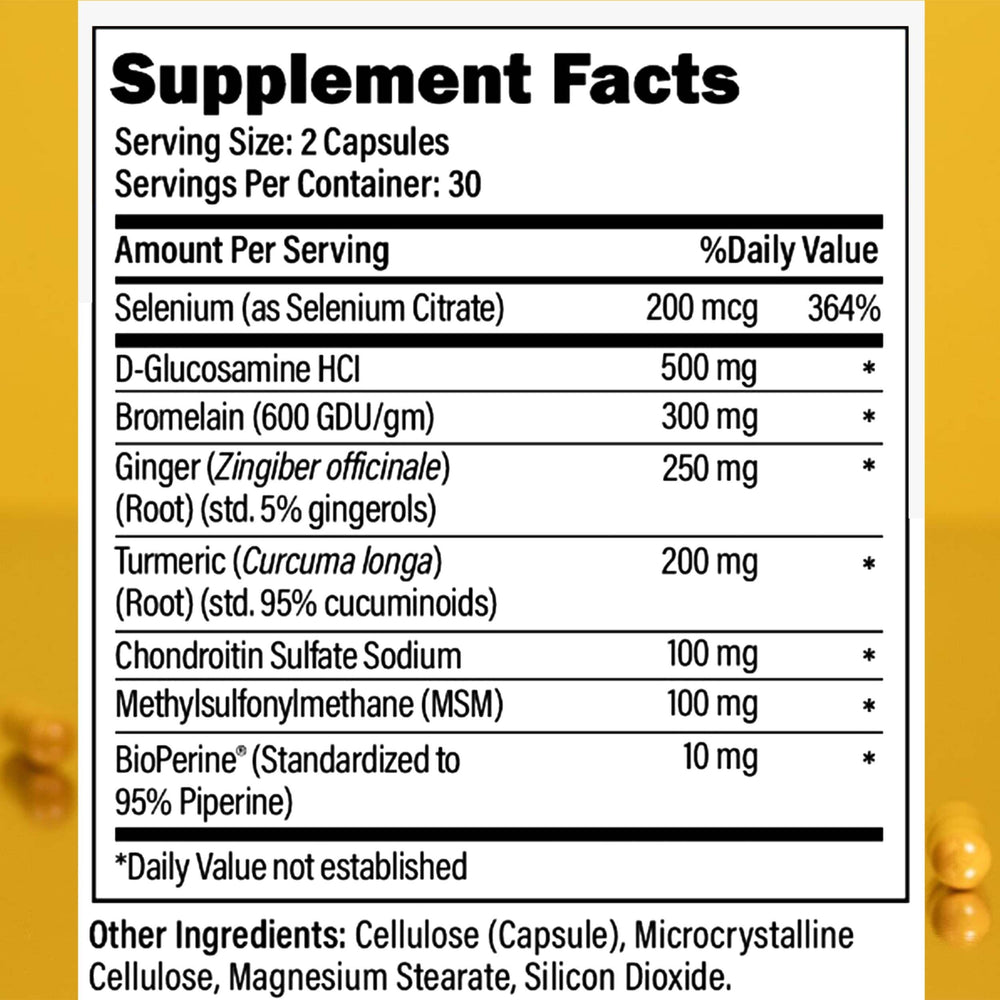 Physio Flex Pro bottle side label highlighting glucosamine and bromelain benefits.
