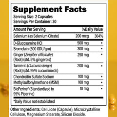 Physio Flex Pro bottle side label highlighting glucosamine and bromelain benefits.