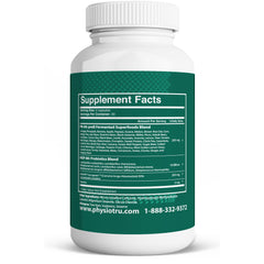 PhysioTru Flora prebiotic blend label showing 56 prebiotics for gut environment.