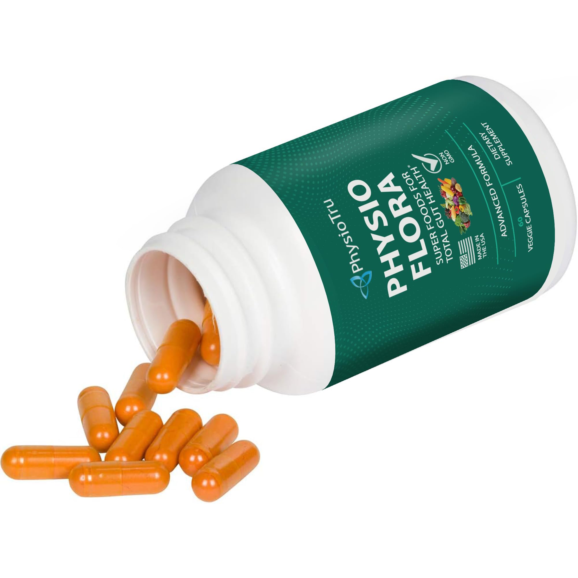 PhysioTru Flora veggie capsules on package highlighting plant-based gut support.