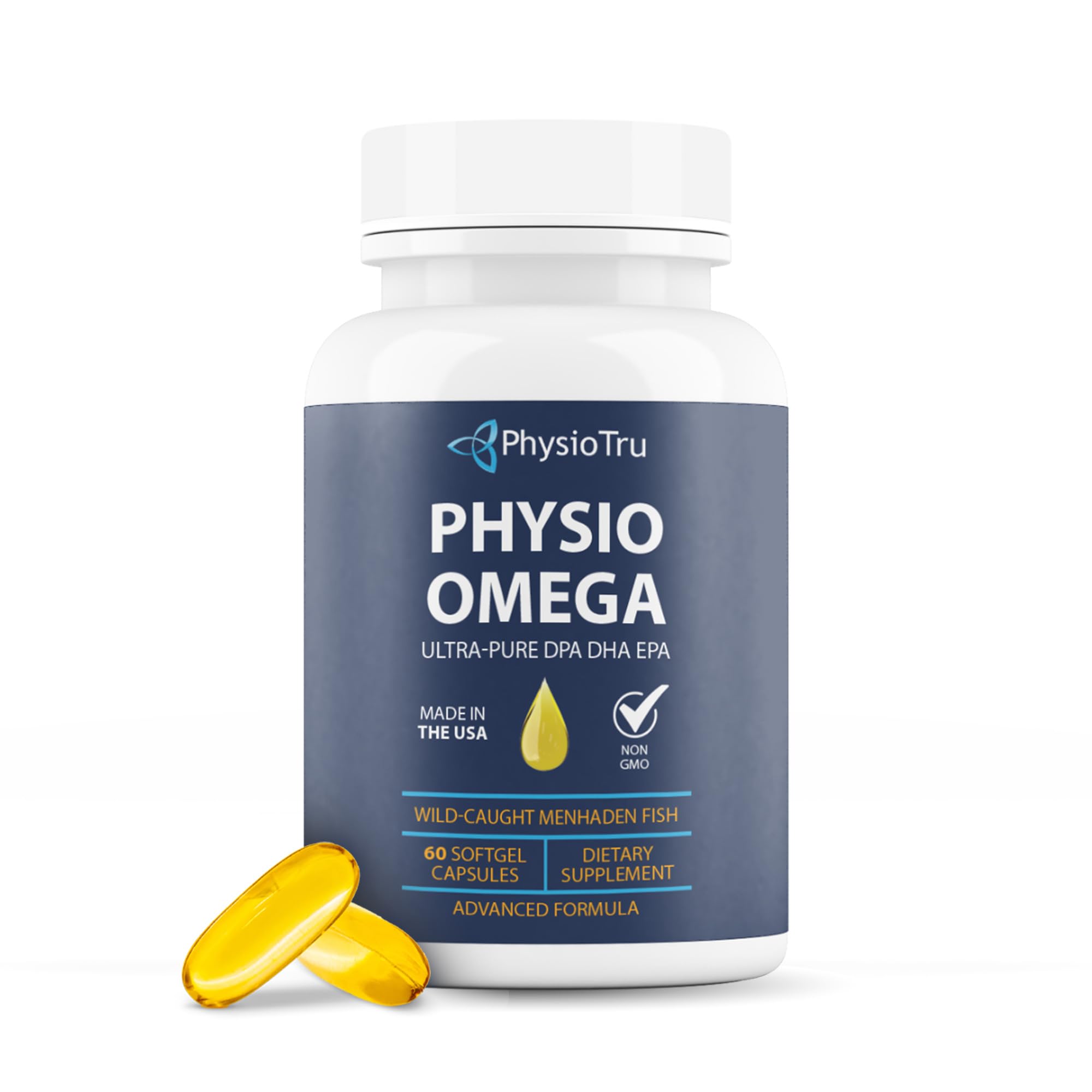 PhysioTru Omega 2400mg bottle front showing daily vitality potential.