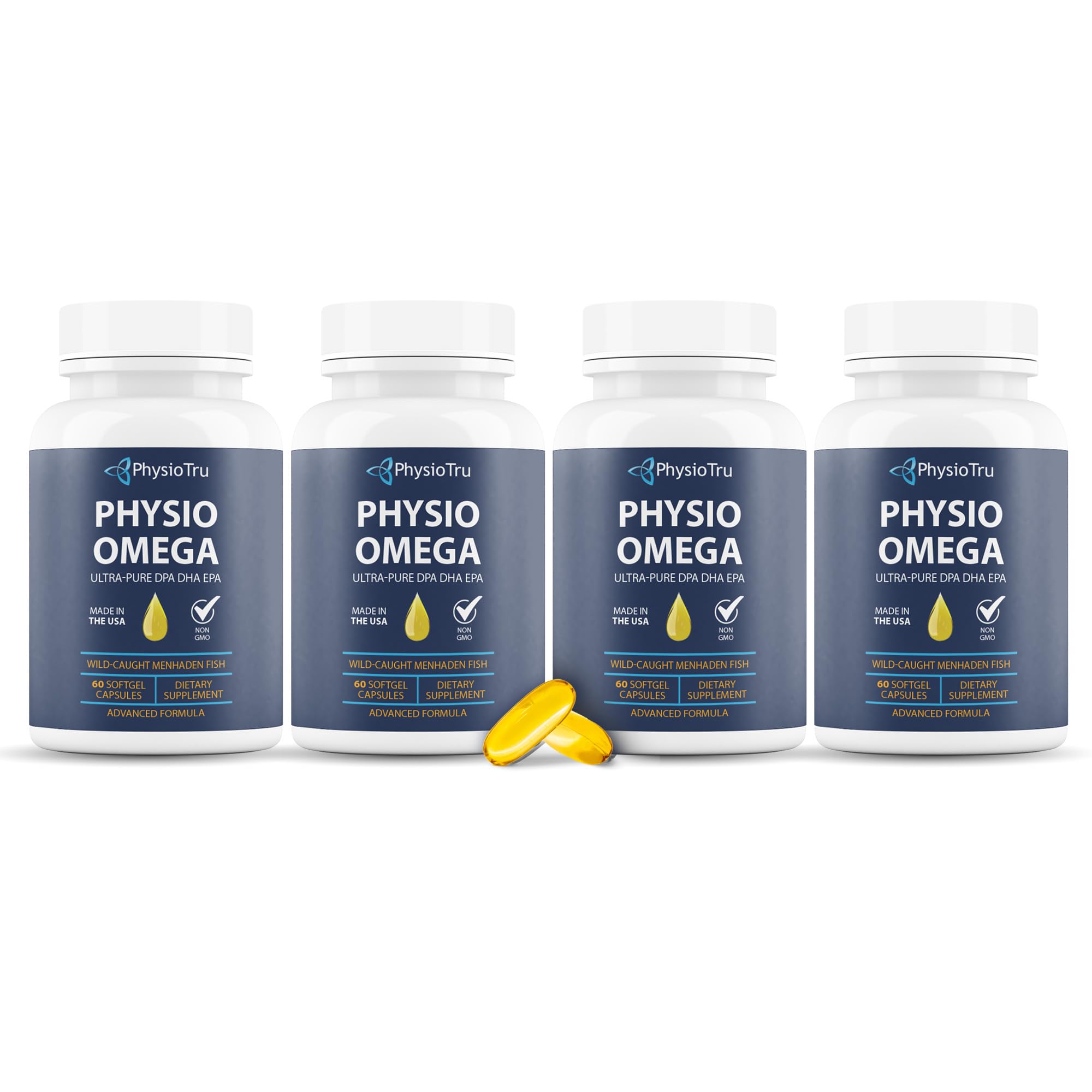 PhysioTru Physio Omega 2400mg bottle front with burpless softgels for daily omega support.