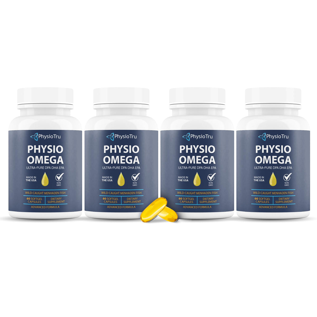 PhysioTru Physio Omega 2400mg bottle front with burpless softgels for daily omega support.