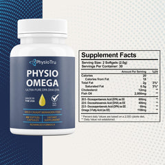 Closeup of PhysioTru Omega softgels highlighting burpless citrus flavor.