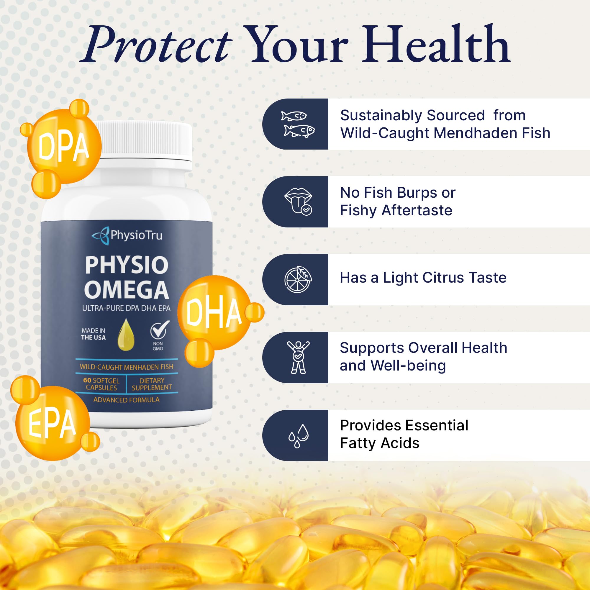 PhysioTru Omega wild-caught Menhaden source indicates sustainable omega-3 supply.