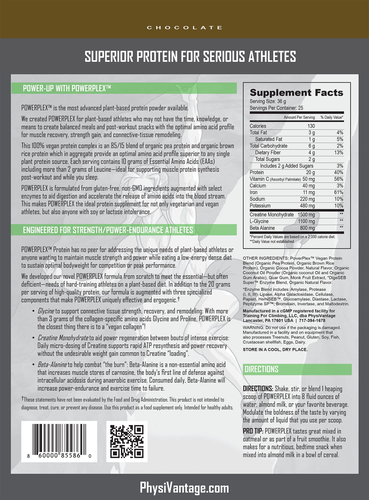 PhysiVantage PowerPlex nutrition facts card emphasizing protein composition and allergen-free formula.