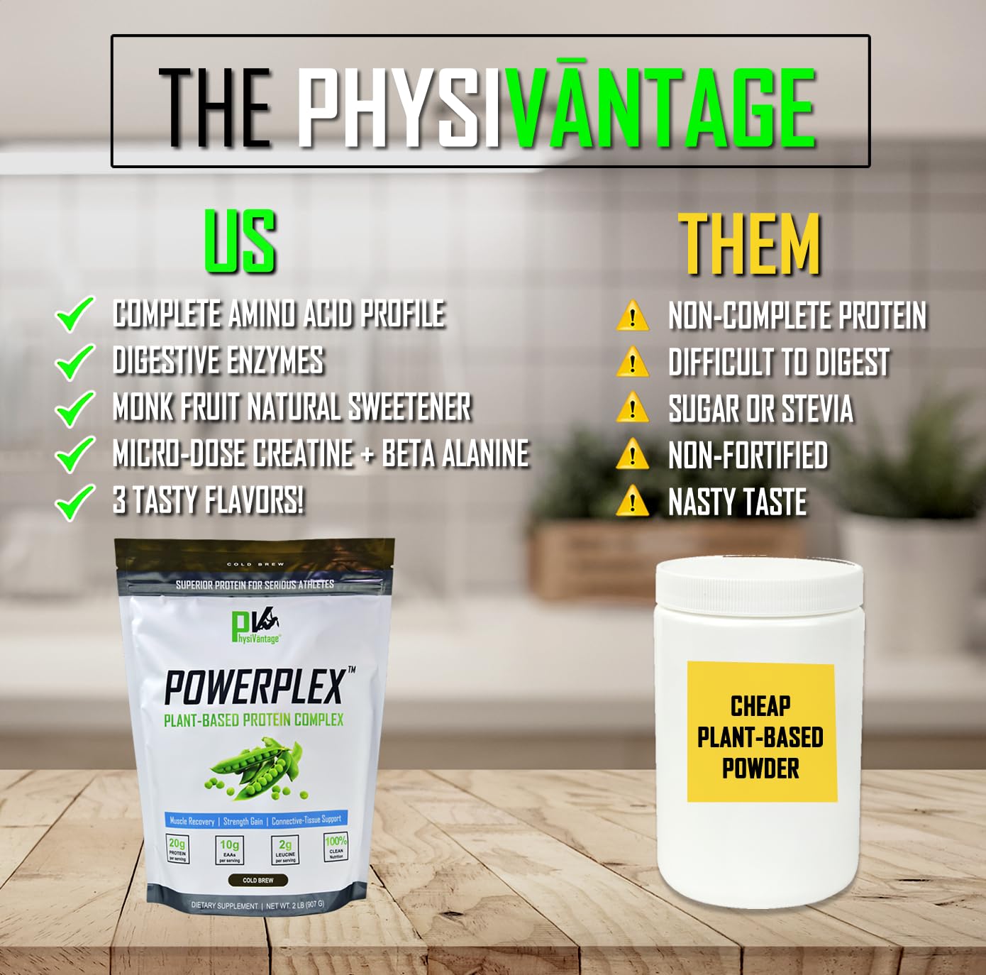 PhysiVantage PowerPlex organic pea and rice ingredients label highlighting complete amino acid profile.