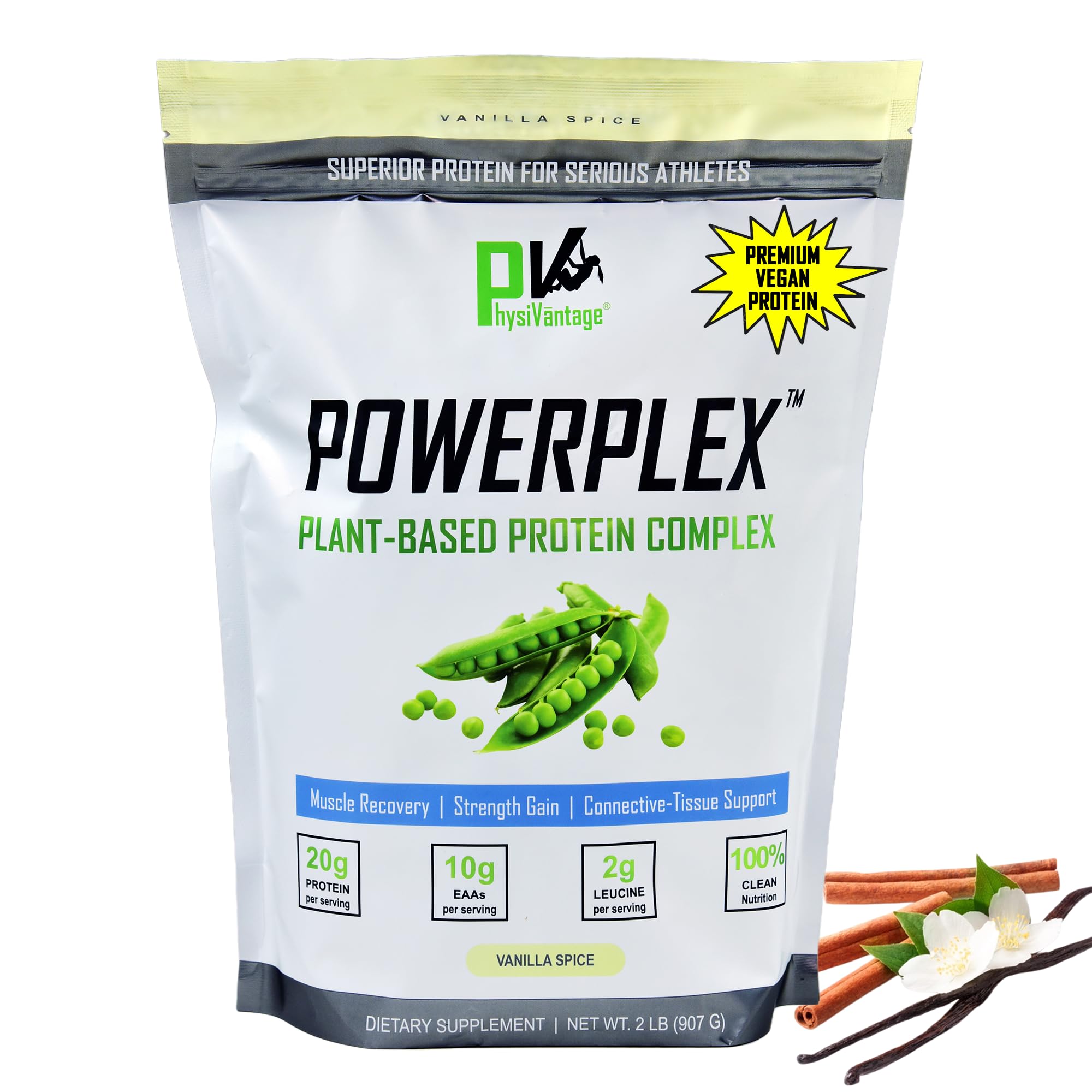 Physiovantage Powerplex vanilla protein bottle highlighting plant-based muscle support.