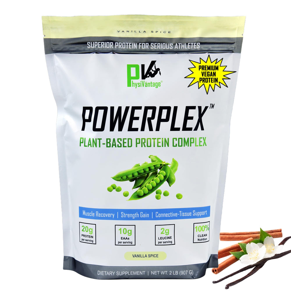 Physiovantage Powerplex vanilla protein bottle highlighting plant-based muscle support.