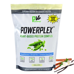 Physiovantage Powerplex vanilla protein bottle highlighting plant-based muscle support.