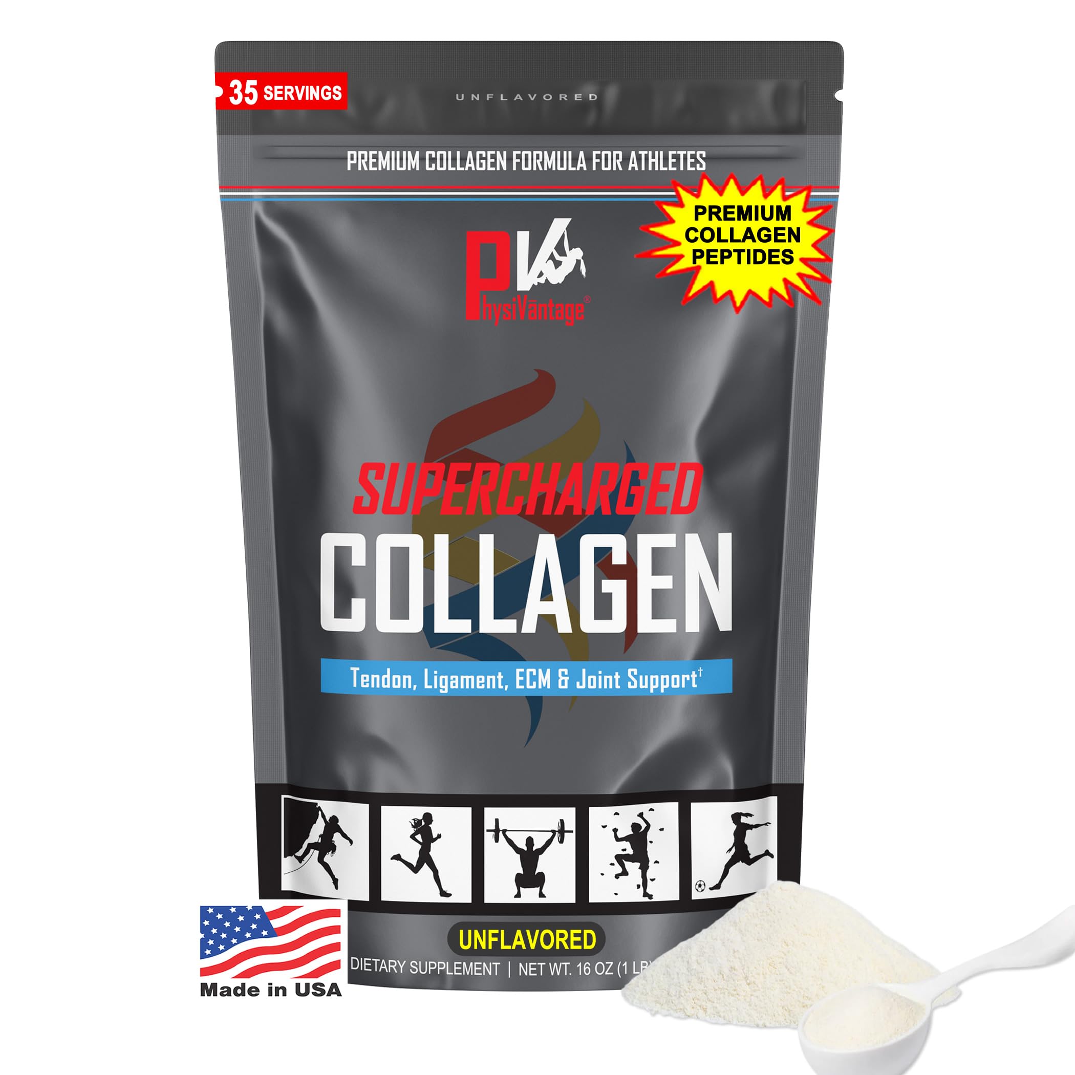 PhysiVantage Supercharged Collagen bottle front view highlighting grass-fed formula for joints.
