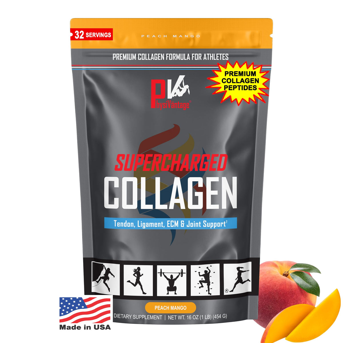 Physiovantage Supercharged Collagen Powder peach mango being poured for daily wellness.