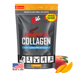 Physiovantage Supercharged Collagen Powder peach mango being poured for daily wellness.