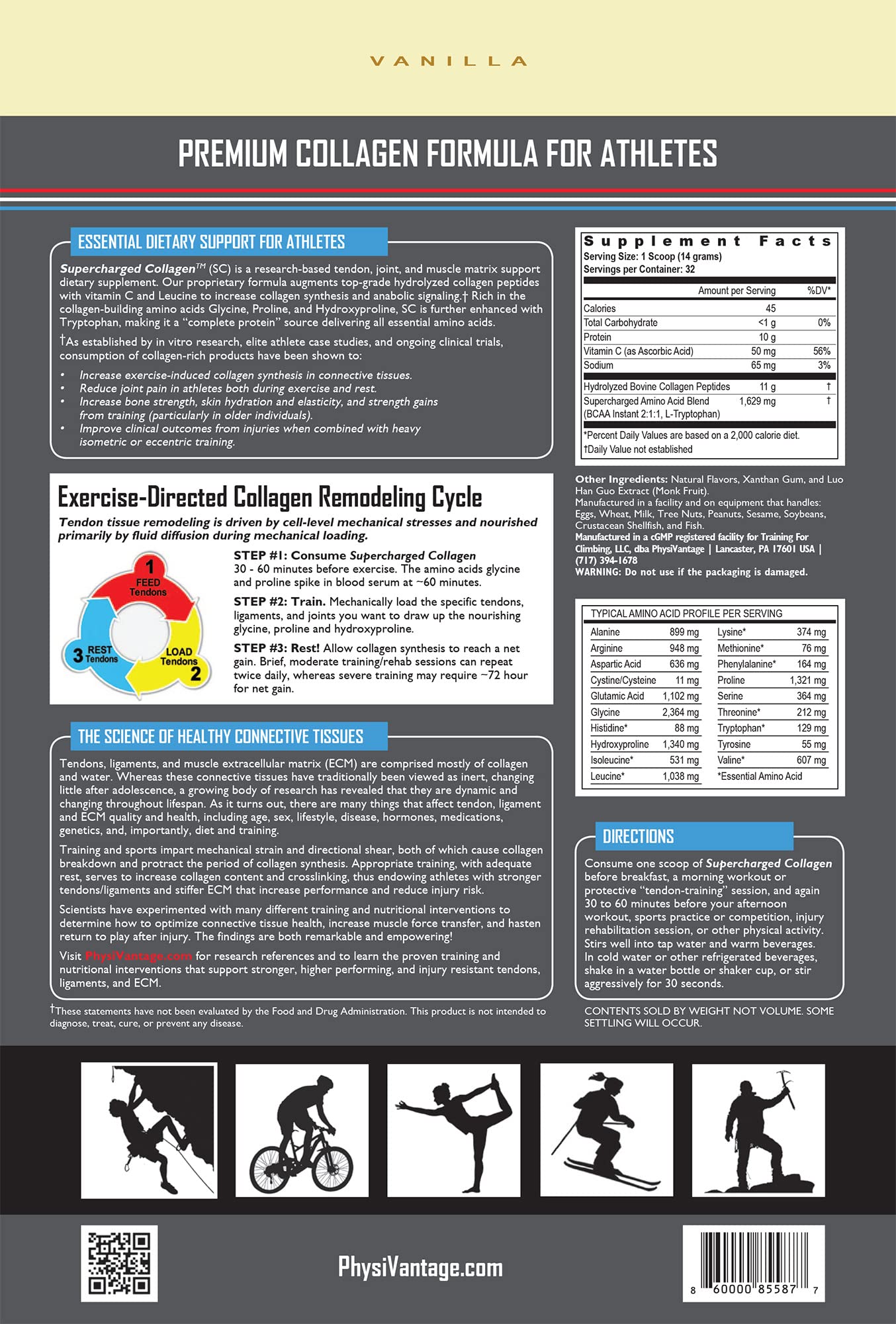 PhysiVantage Supercharged Collagen ingredients panel highlights vitamin C and BCAAs