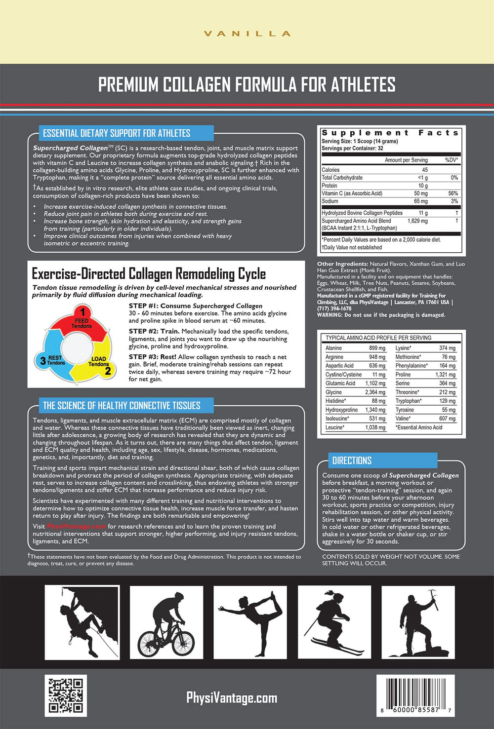 PhysiVantage Supercharged Collagen ingredients panel highlights vitamin C and BCAAs