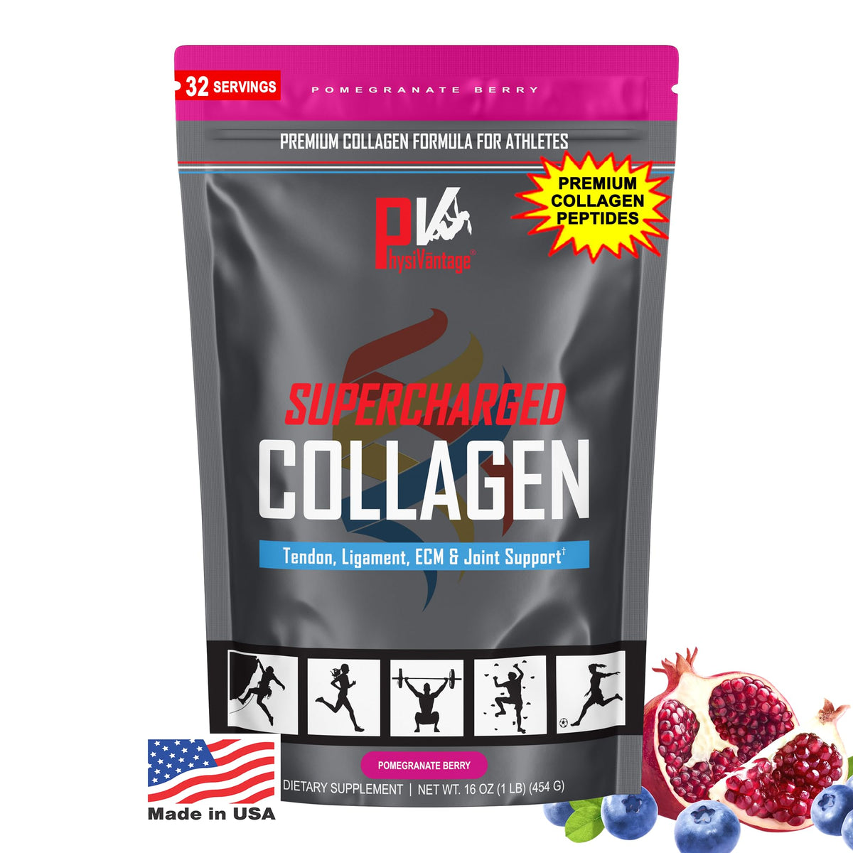 PhysiVantage Supercharged Collagen Powder bottle, premium grass-fed formula for joints and skin.