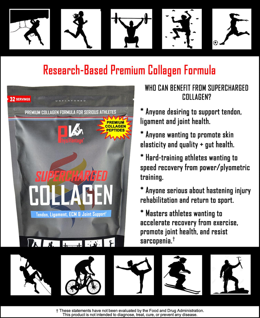 PhysiVantage Supercharged Collagen Powder being poured for easy mixing into beverages.