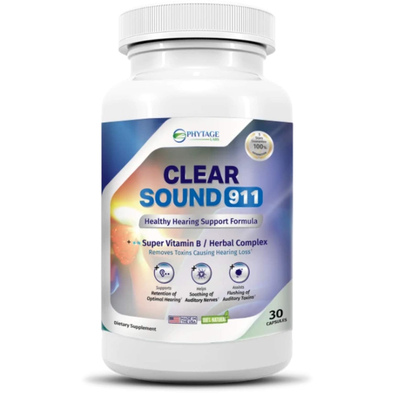 Phytage Labs Clear Sound 911 bottle front showcasing daily support for hearing health