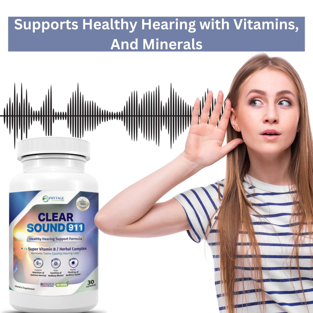 Close-up of Clear Sound 911 capsules highlighting easy-to-take daily capsules for ear wellness