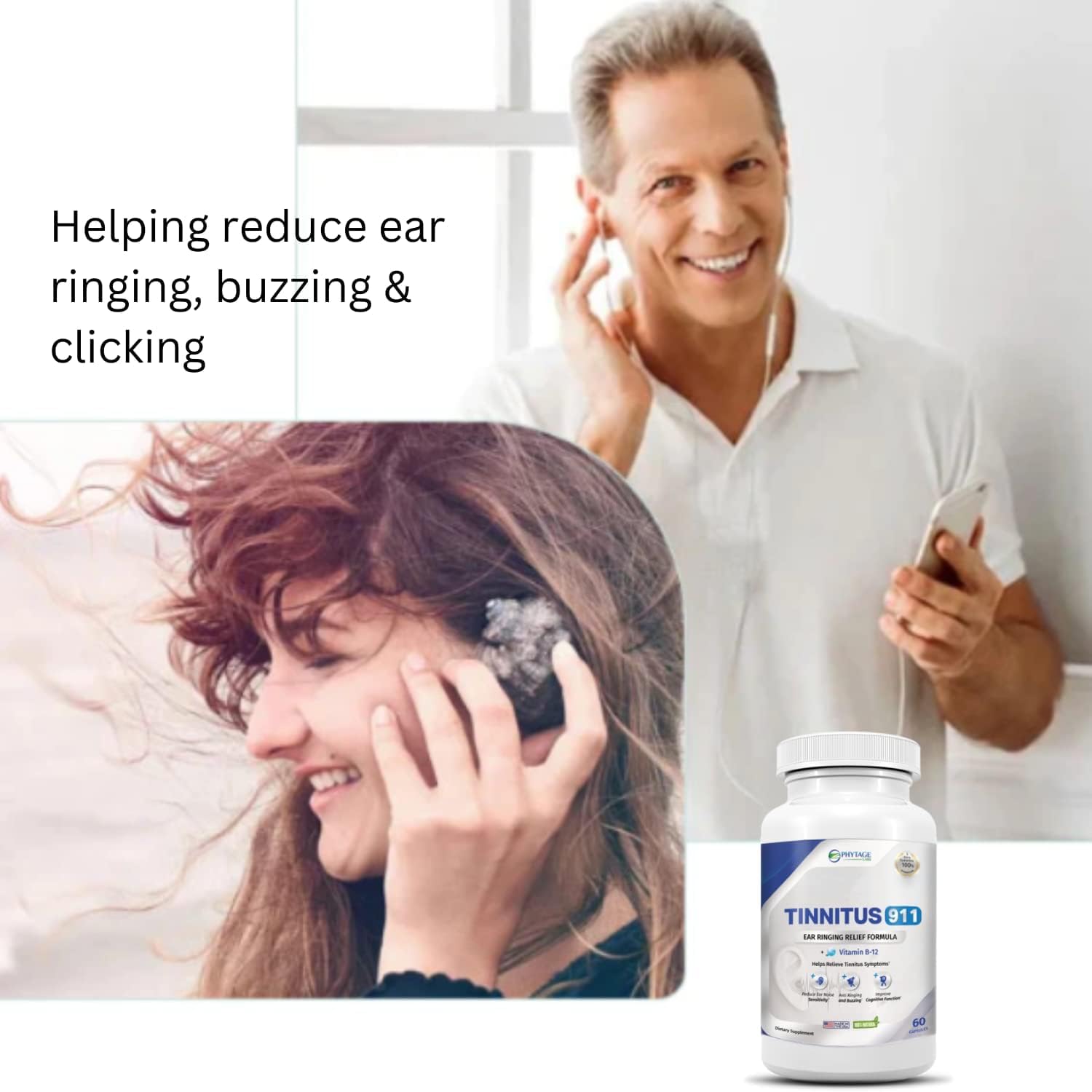 Phytage Labs Tinnitus 911 capsules close-up for potential sleep-friendly relief