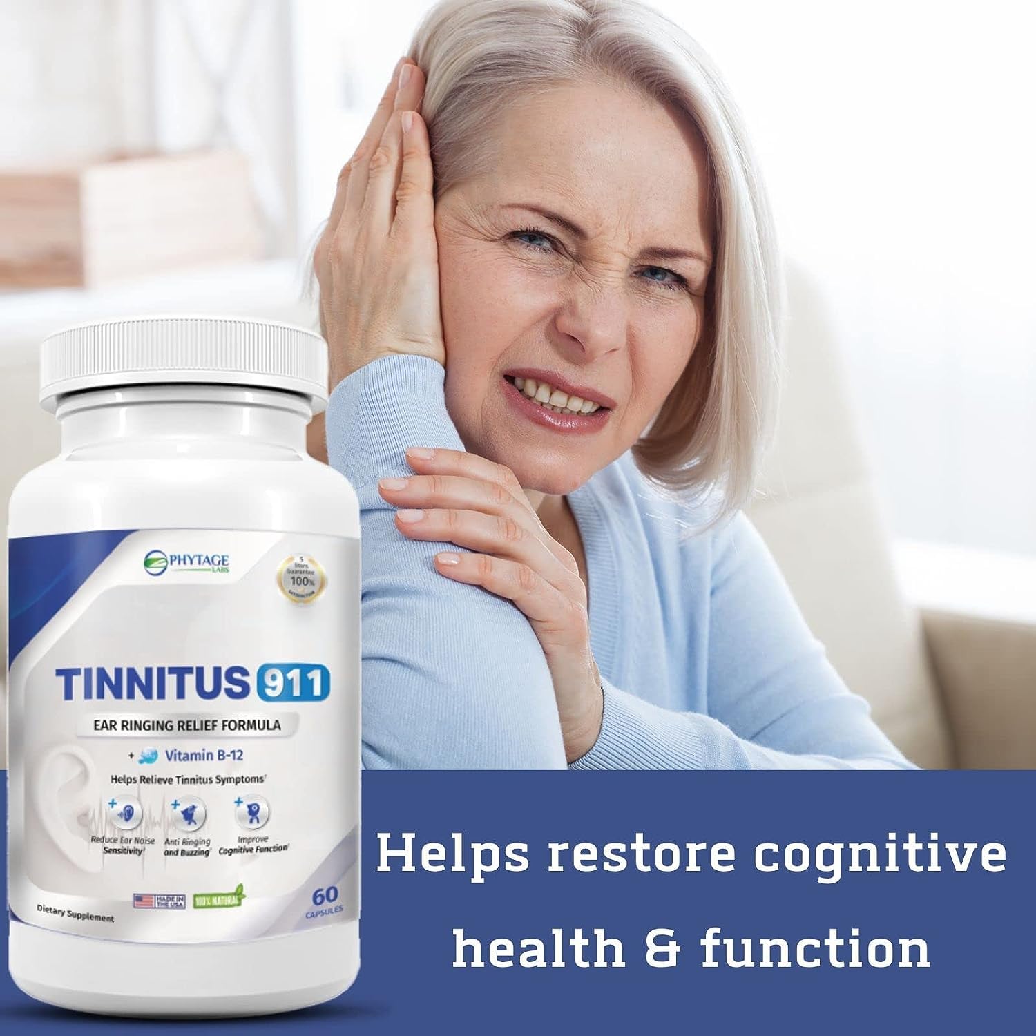Phytage Labs Tinnitus 911 in hand suggests easy daily use