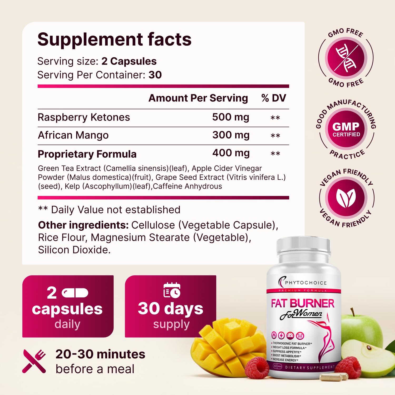 PHYTOCHOICE Belly Fat Burner bottle cap scene highlights appetite control.