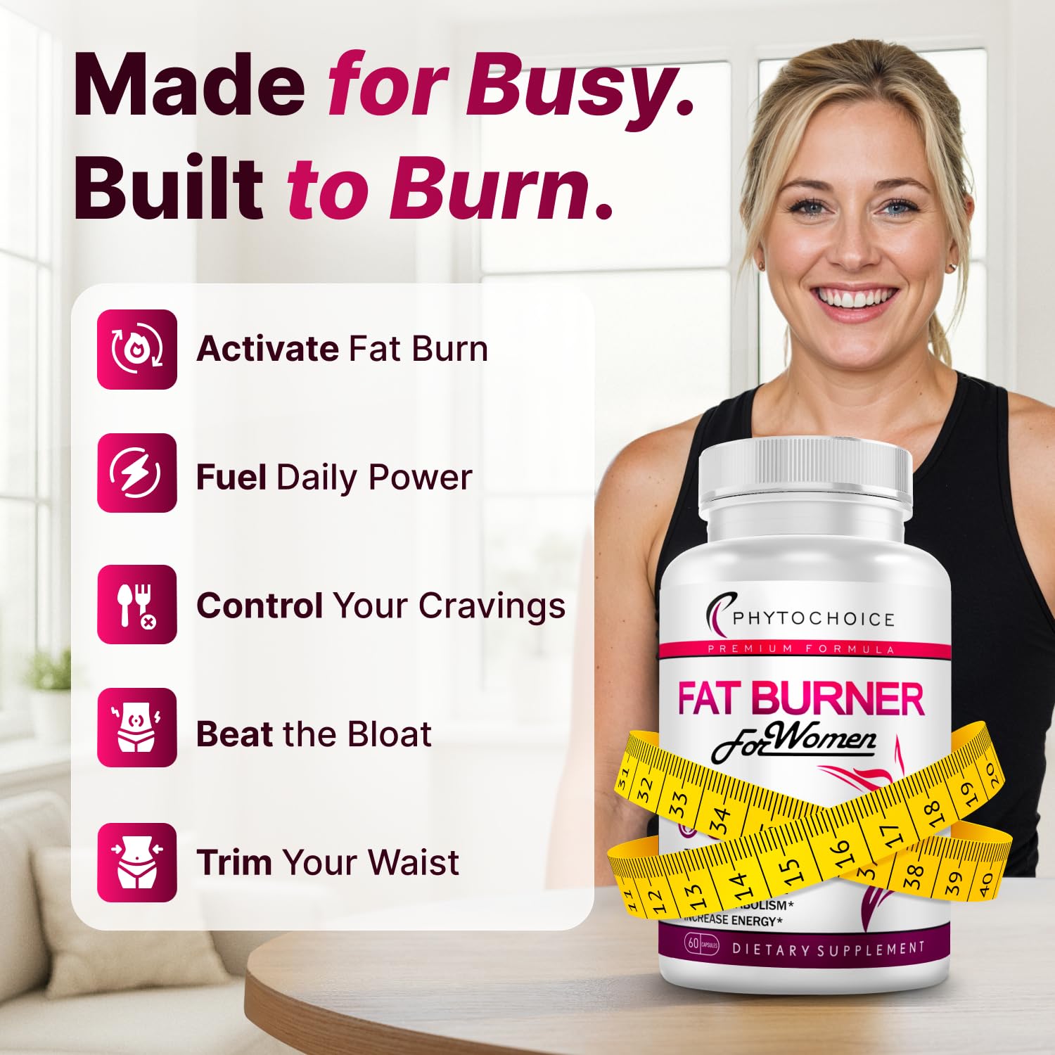 PHYTOCHOICE Belly Fat Burner capsule close-up with label highlighting thermogenic boost.