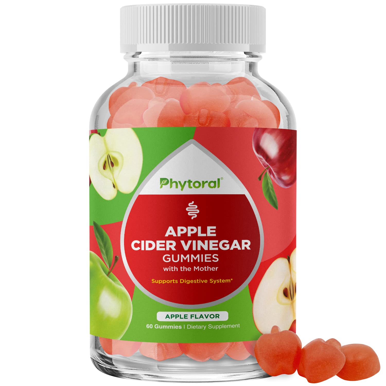 Phytoral Apple Cider Vinegar Gummies bottle highlights color and texture for probiotic-like appeal.